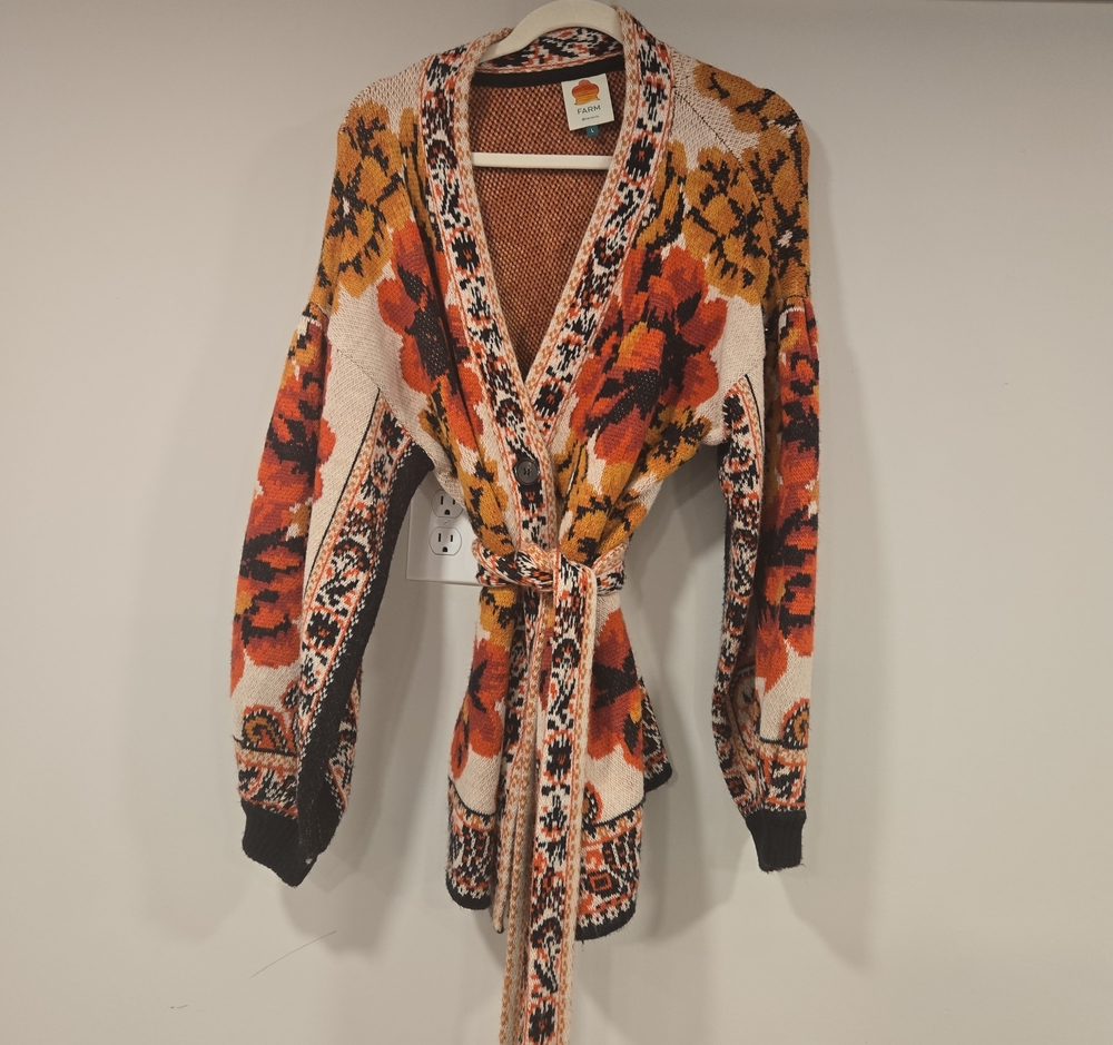 FARM Rio Cream, Orange & Black Floral Knit Belted Cardigan
